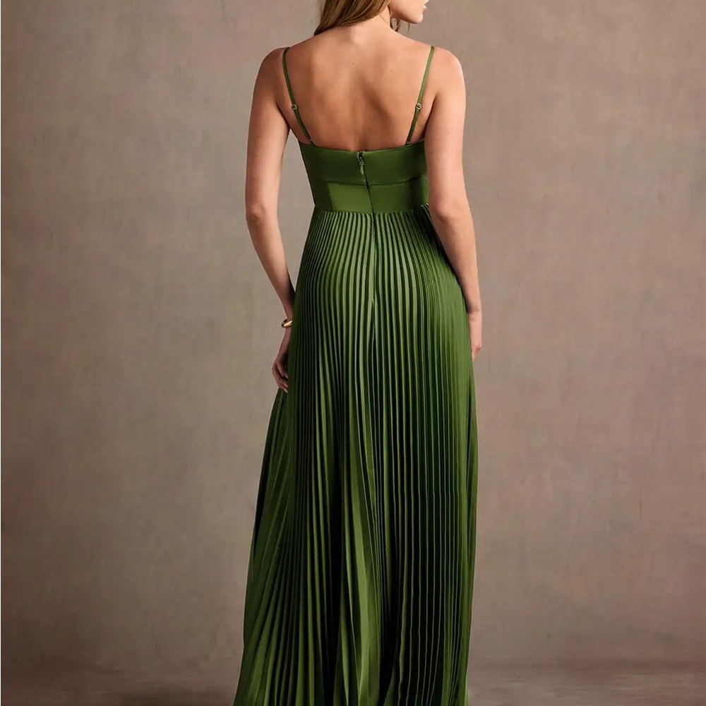 Azazie Olive Green Pleated Maxi Dress with Sweetheart Bodice - Picture 2 of 7